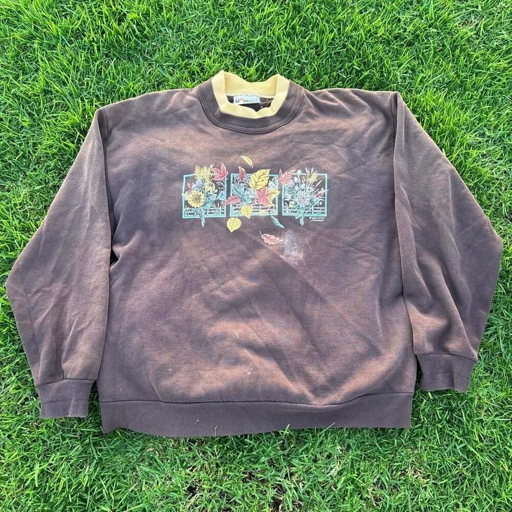 Morning Sun Floral Leaves Sweatshirt Brown Made in USA